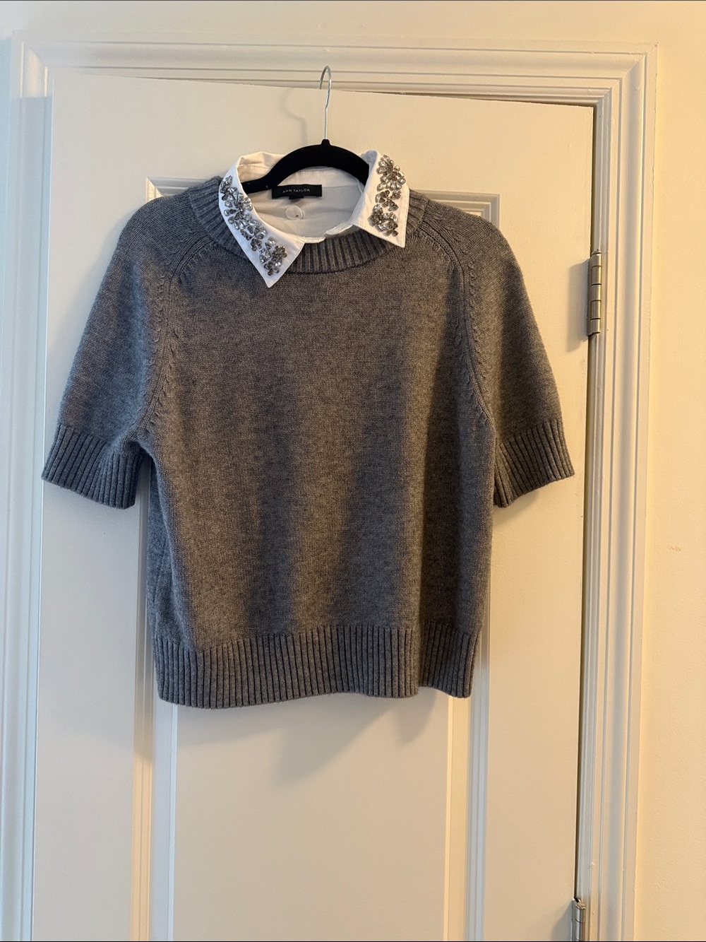 Ann Taylor Gray Short-Sleeve Sweater with Jeweled White Collar